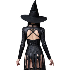 Black Leather Witch Costume - Gothic Long Sleeve Sexy Bodysuit Dress - Seductive Halloween Costumes - Naughty Cosplay Roleplay Costume