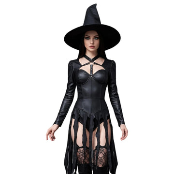Black Leather Witch Costume - Gothic Long Sleeve Sexy Bodysuit Dress - Seductive Halloween Costumes - Naughty Cosplay Roleplay Costume