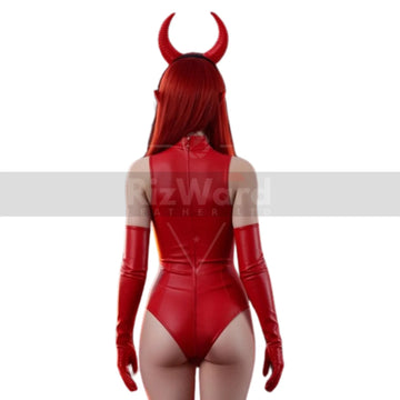 Red Leather Sexy Devil Bodysuit - Bold and Sexy Devil Halloween Costume - Foreplay Bodysuit - Seductive Cosplay Costume for Women