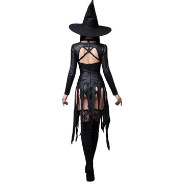 Black Leather Witch Costume - Gothic Long Sleeve Sexy Bodysuit Dress - Seductive Halloween Costumes - Naughty Cosplay Roleplay Costume