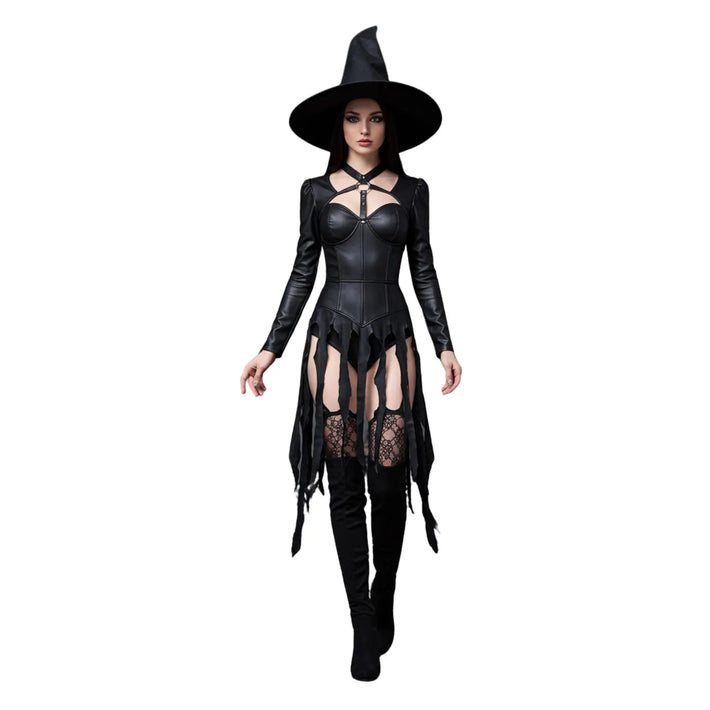 Black Leather Witch Costume - Gothic Long Sleeve Sexy Bodysuit Dress - Seductive Halloween Costumes - Naughty Cosplay Roleplay Costume