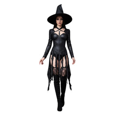 Black Leather Witch Costume - Gothic Long Sleeve Sexy Bodysuit Dress - Seductive Halloween Costumes - Naughty Cosplay Roleplay Costume