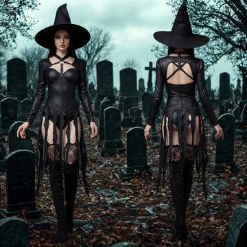 Black Leather Witch Costume - Gothic Long Sleeve Sexy Bodysuit Dress - Seductive Halloween Costumes - Naughty Cosplay Roleplay Costume