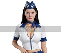 Seductive Leather Airhostess Erotic Costume - Sexy Air Hostess Costume for Role Play Cosplay - Erotic Flight Outfit - Crop Top with Skirt