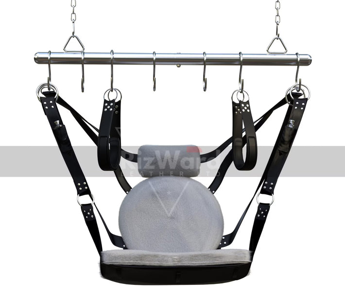 VIP Black Leather Sex Swing & Sling with Fur for Couples Sex Play | Leather Bondage Fur Sex Swing Kinky Sex Furniture | BDSM Adult Sex Sling