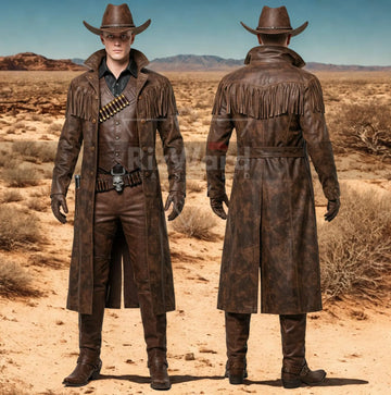 Handmade Halloween Cowboy Costume - Gothic Leather Trench Coat - Western Cowboy Outlaw Costume - Fringed Long Coat - Ghoul Halloween Cosplay
