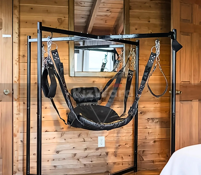 VIP Black Leather Sex Swing with Stand Frame | Leather Bondage Sex Swing | Sex Furniture & Accessories | Stainless Steel Swing Stand Frame