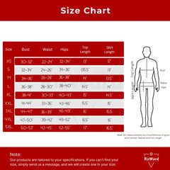Size chart for clothing with measurements in inches on a red background, featuring a silhouette of a person.