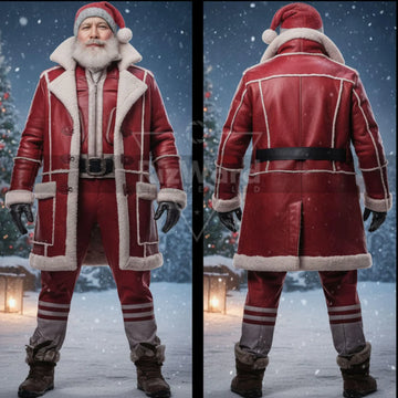 Classic Leather Santa Claus Coat with Faux Fur - Santa Trench Coat Cosplay Costumes - Santa Claus Holiday Christmas Costumes - Long Coat