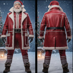 Classic Leather Santa Claus Coat with Faux Fur - Santa Trench Coat Cosplay Costumes - Santa Claus Holiday Christmas Costumes - Long Coat
