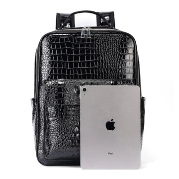 Unisex Crocodile Pattern PU Leather Backpack - Large Capacity Laptop Backpack with Front Pocket - Office Travel Work & Business Bag