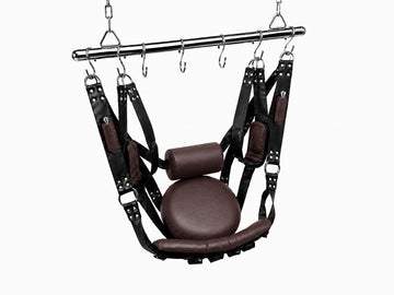Black and Dark Brown Leather Sex Swing & Sling | Padded Sex Furniture for Couples | Hanging Ceiling Swing with Rod