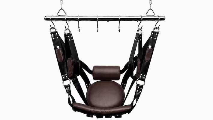 Black and Dark Brown Leather Sex Swing & Sling | Padded Sex Furniture for Couples | Hanging Ceiling Swing with Rod