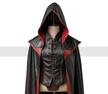 Handmade Leather Medieval Hooded Cloak - Black & Red Leather Cloak with Vest - Leather Armour Costume Cosplay - Fantasy Cloak Leather Gifts
