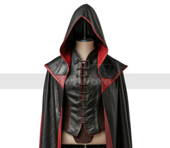 Handmade Leather Medieval Hooded Cloak - Black & Red Leather Cloak with Vest - Leather Armour Costume Cosplay - Fantasy Cloak Leather Gifts