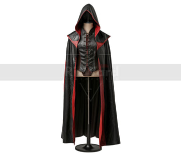 Handmade Leather Medieval Hooded Cloak - Black & Red Leather Cloak with Vest - Leather Armour Costume Cosplay - Fantasy Cloak Leather Gifts