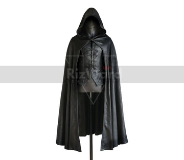 Handmade Black Leather Hooded Cloak - Leather Medieval Cloak with Vest For Cosplay - Leather Armour Costume - Hooded Cloak Leather Gifts