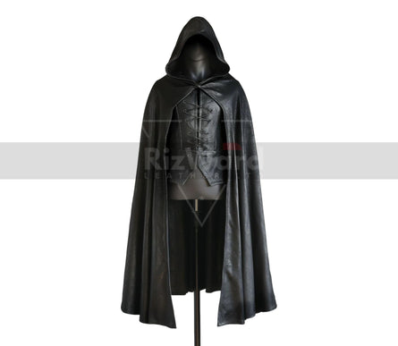 Handmade Black Leather Hooded Cloak - Leather Medieval Cloak with Vest For Cosplay - Leather Armour Costume - Hooded Cloak Leather Gifts