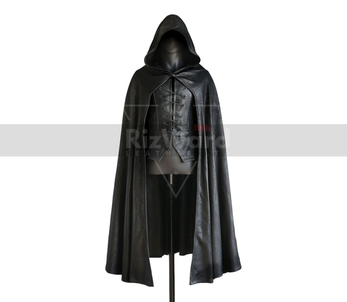 Handmade Black Leather Hooded Cloak - Leather Medieval Cloak with Vest For Cosplay - Leather Armour Costume - Hooded Cloak Leather Gifts