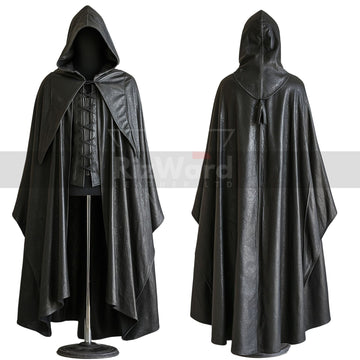 Black Leather Medieval Hooded Cloak - Leather Assassin Cloak with Vest For Cosplay - Leather Armour Costume - Hooded Cloak Leather Gifts