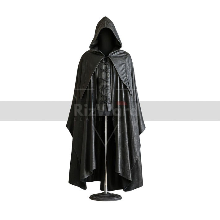 Black Leather Medieval Hooded Cloak - Leather Assassin Cloak with Vest For Cosplay - Leather Armour Costume - Hooded Cloak Leather Gifts