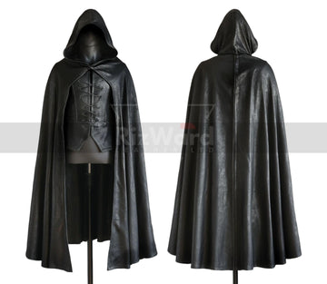 Handmade Black Leather Hooded Cloak - Leather Medieval Cloak with Vest For Cosplay - Leather Armour Costume - Hooded Cloak Leather Gifts