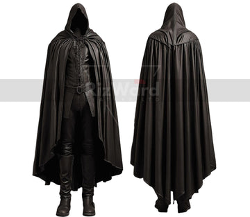 Handmade Leather Hooded Fantasy Cloak - Black Leather Medieval Cloak with Vest - Leather Cape Costume For Cosplay - Hooded Viking Cloak Gift