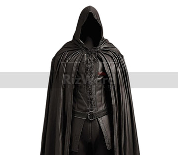 Handmade Leather Hooded Fantasy Cloak - Black Leather Medieval Cloak with Vest - Leather Cape Costume For Cosplay - Hooded Viking Cloak Gift