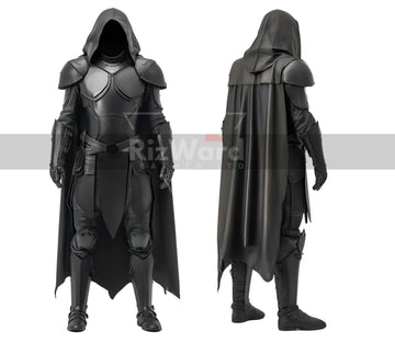 Pure Black Leather Medieval Cloak Armour - Leather Knight Armor - Hooded Cloak Costume For Cosplay - Medieval Armor LARP Festival Outfit