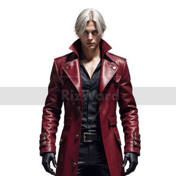 Dante Inspired Leather Trench Coat Steampunk Red Leather Coat For Cosplay Gothic Medieval OverCoat Anime Cosplay Long Coat Devil May Cry