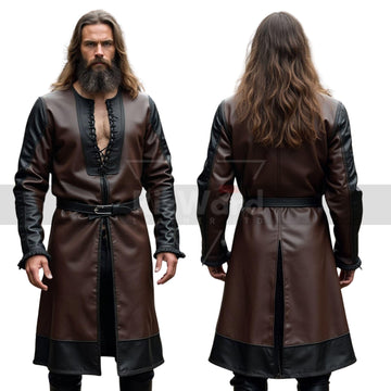 Handmade Brown Leather Medieval Tunic - Ren Fair Full Sleeve Leather Tunic - Renaissance Dress for Cosplay Costume - Medieval Viking Shirt