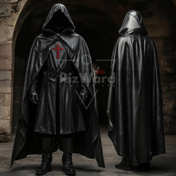 Handmade Black Leather Medieval Hooded Cloak - Leather Knight Cloak with Suit Cosplay - Leather Templar Armour Costume - Renaissance Cloak