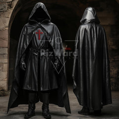 Handmade Black Leather Medieval Hooded Cloak - Leather Knight Cloak with Suit Cosplay - Leather Templar Armour Costume - Renaissance Cloak