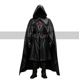 Handmade Black Leather Medieval Hooded Cloak - Leather Knight Cloak with Suit Cosplay - Leather Templar Armour Costume - Renaissance Cloak