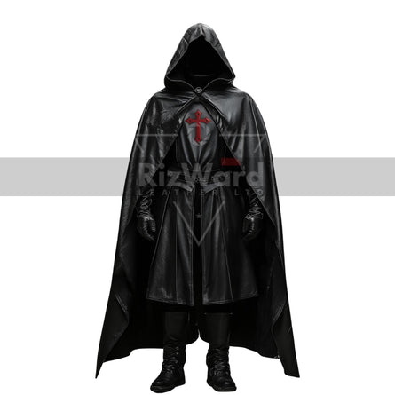 Handmade Black Leather Medieval Hooded Cloak - Leather Knight Cloak with Suit Cosplay - Leather Templar Armour Costume - Renaissance Cloak