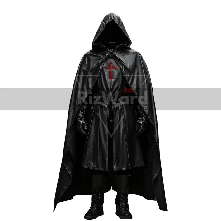 Handmade Black Leather Medieval Hooded Cloak - Leather Knight Cloak with Suit Cosplay - Leather Templar Armour Costume - Renaissance Cloak