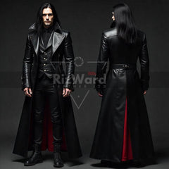 Genuine Leather Gothic Long Coat Trench Coat with Red Lining for Victorian Cosplay Black Leather Vampire Coat Steampunk