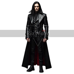 Genuine Leather Gothic Long Coat Trench Coat with Red Lining for Victorian Cosplay Black Leather Vampire Coat Steampunk