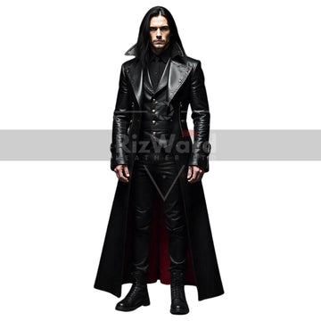 Genuine Leather Gothic Long Coat Trench Coat with Red Lining for Victorian Cosplay Black Leather Vampire Coat Steampunk