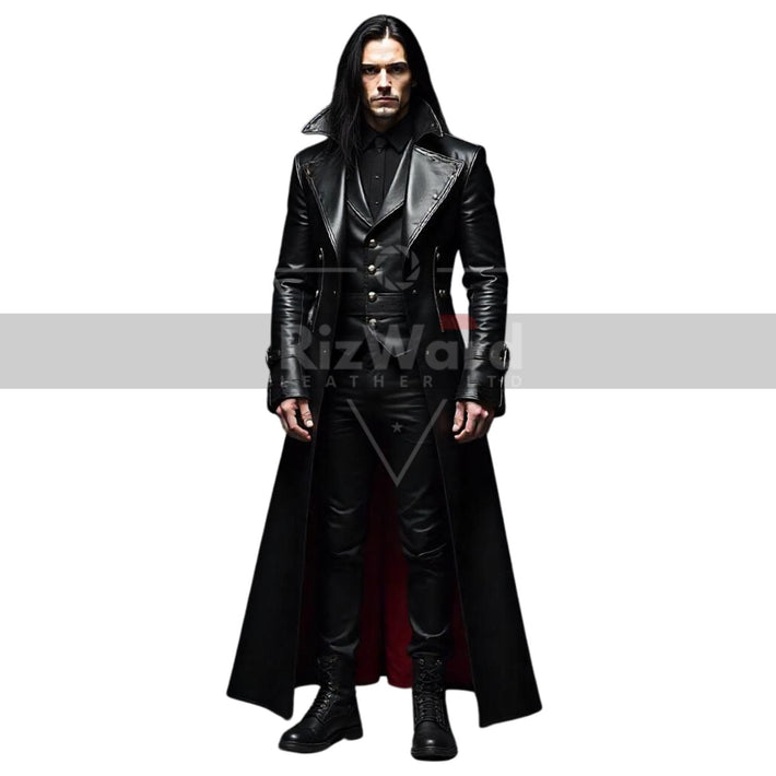 Genuine Leather Gothic Long Coat Trench Coat with Red Lining for Victorian Cosplay Black Leather Vampire Coat Steampunk