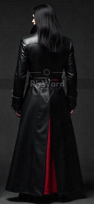 Genuine Leather Gothic Long Coat Trench Coat with Red Lining for Victorian Cosplay Black Leather Vampire Coat Steampunk