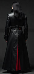 Genuine Leather Gothic Long Coat Trench Coat with Red Lining for Victorian Cosplay Black Leather Vampire Coat Steampunk