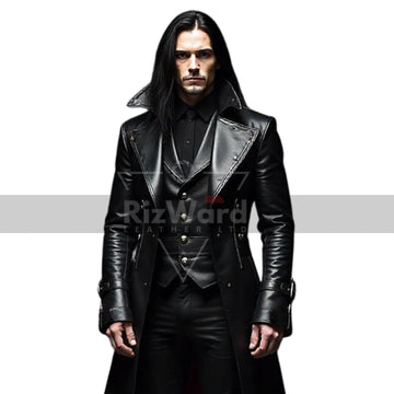Genuine Leather Gothic Long Coat Trench Coat with Red Lining for Victorian Cosplay Black Leather Vampire Coat Steampunk