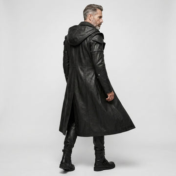 Full front view of men’s black hooded leather trench coat with gothic LARP cosplay style, long duster shape, and dark fashion look. - Rizwards Leather