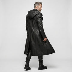 Side walking view of men’s long black leather trench coat with hood, gothic duster silhouette, and dark fantasy cosplay styling. - Rizwards Leather