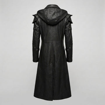 Full front view of men’s black hooded leather trench coat with gothic LARP cosplay style, long duster shape, and dark fashion look. - Rizwards Leather