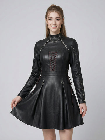 Black leather mini dress with flared A-line skater skirt, long sleeves, gothic chain collar, studded details and lace up corset front - Rizwards Leather