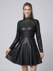 Front view black leather mini dress with silver chain collar, lace up corset front, studded sleeves, high neck and A-line skater skirt - Rizwards Leather