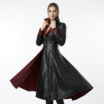 Full front view black red gothic leather trench coat women with buckle waist red lining and high collar - Rizwards Leather