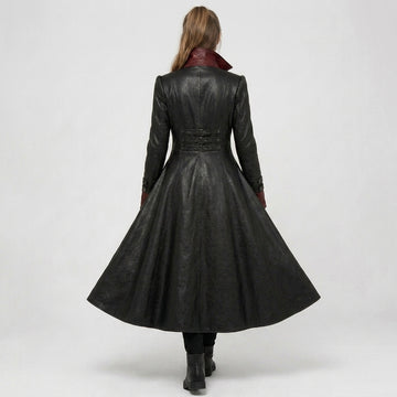 Full front view black red gothic leather trench coat women with buckle waist red lining and high collar - Rizwards Leather